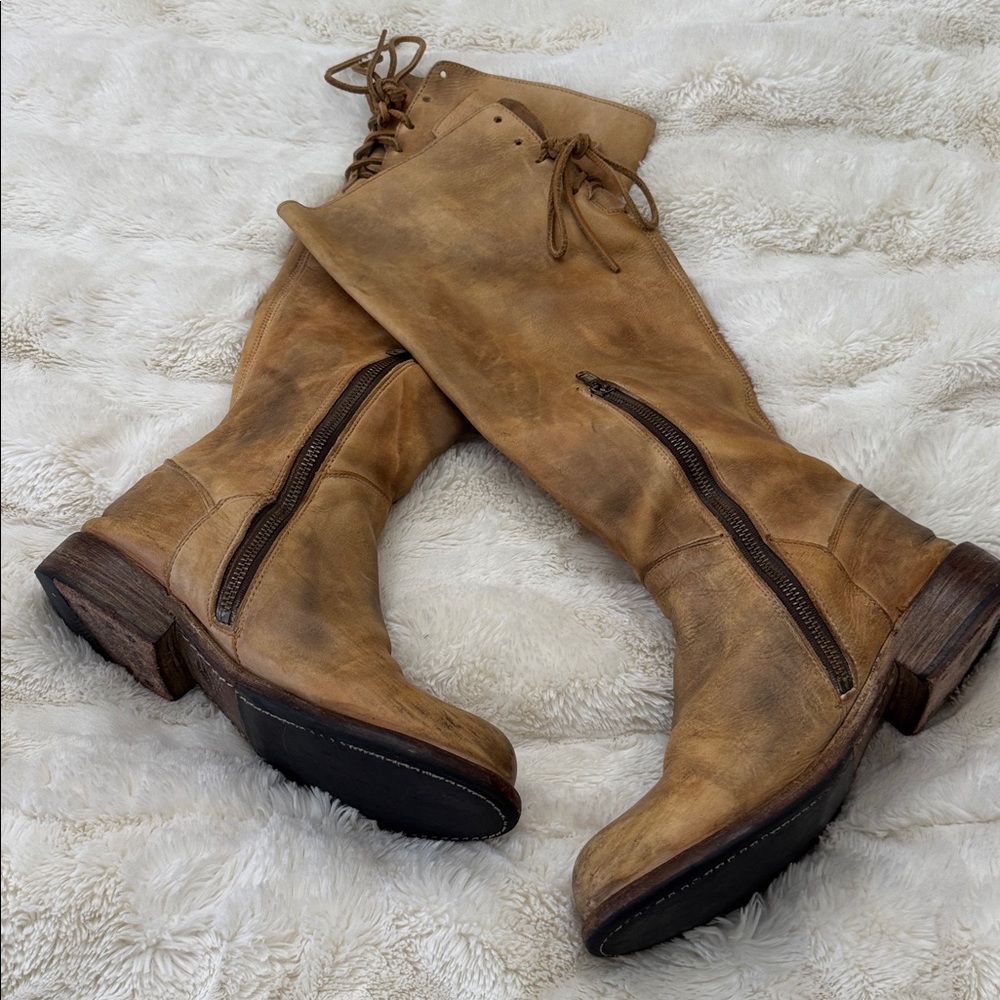 Bed Stu Manchester Cobbler Tall Leather Riding Boots Lace Back Rustic sz 7 - Picture 5 of 6